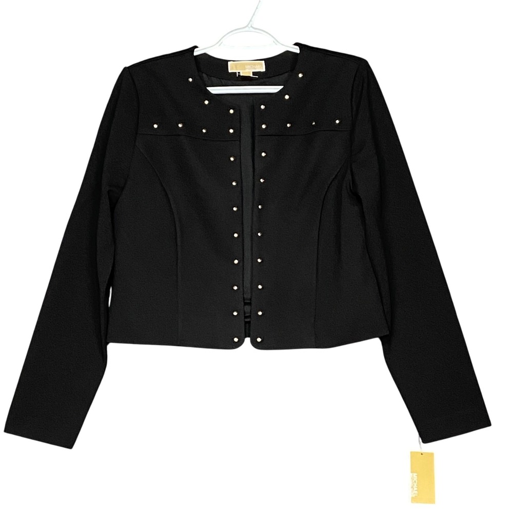 Michael Kors‎ Women's Size M Black Studded Collarless Open Front Blazer Jacket
